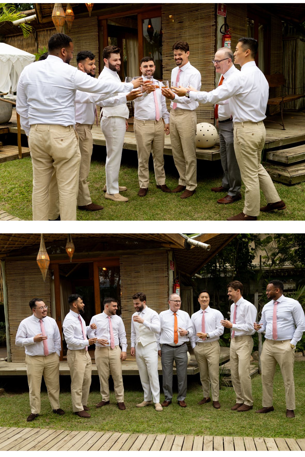 noivo e padrinhos de casamento na praia