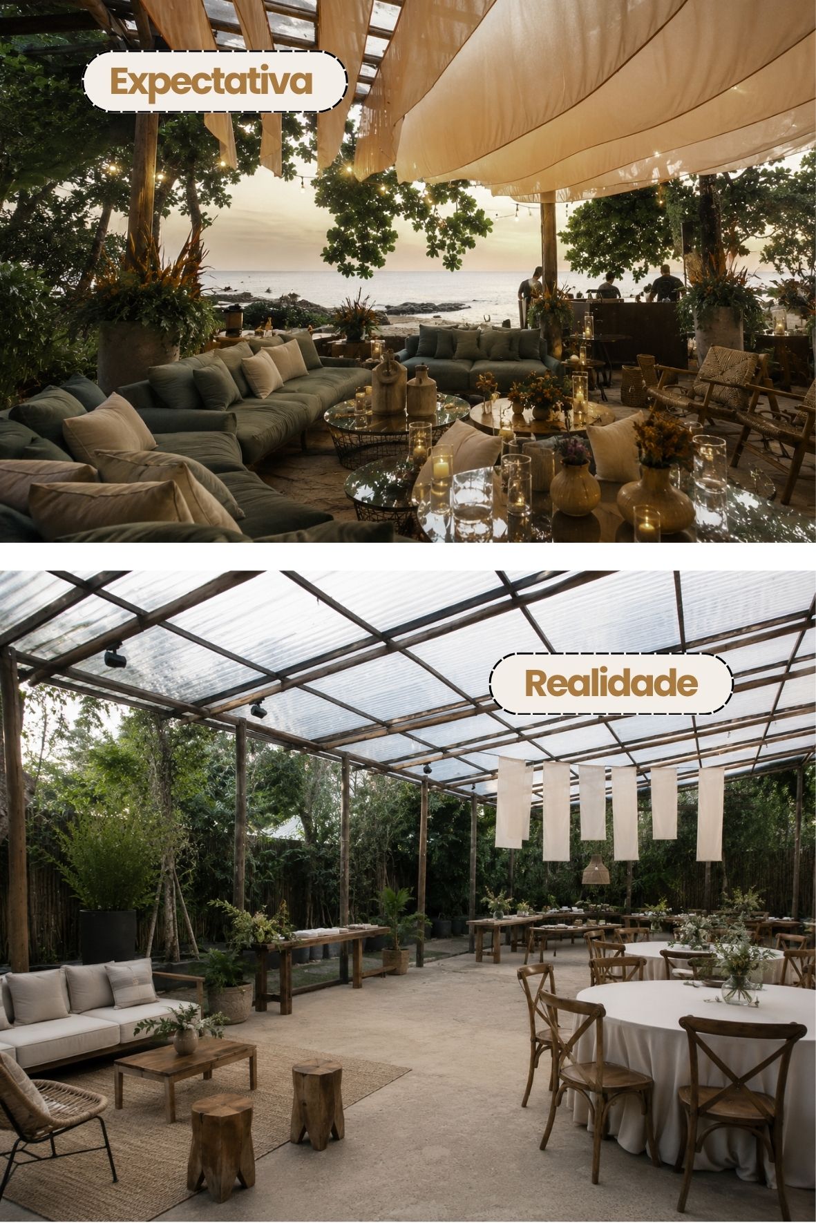Expectativa vs. realidade decoração de casamento na praia