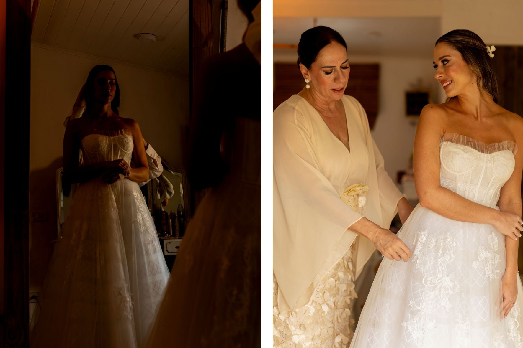 Noiva no making of com vestido YolanCris com a mãe